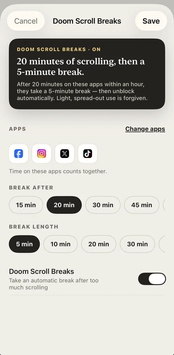 The Doom Scroll Breaks screen in YourPriority: 20 minutes of scrolling, then a 5-minute break, with Facebook, Instagram, X and TikTok chosen