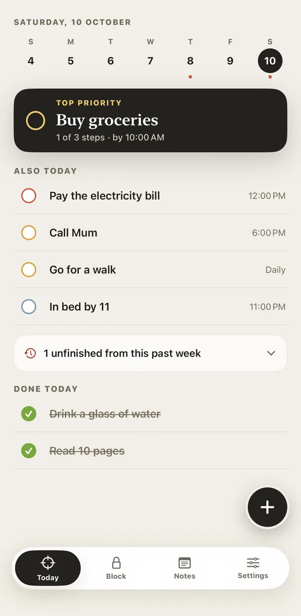 The Today screen in YourPriority: a dark Top priority card with Buy groceries, then more to-dos under Also today