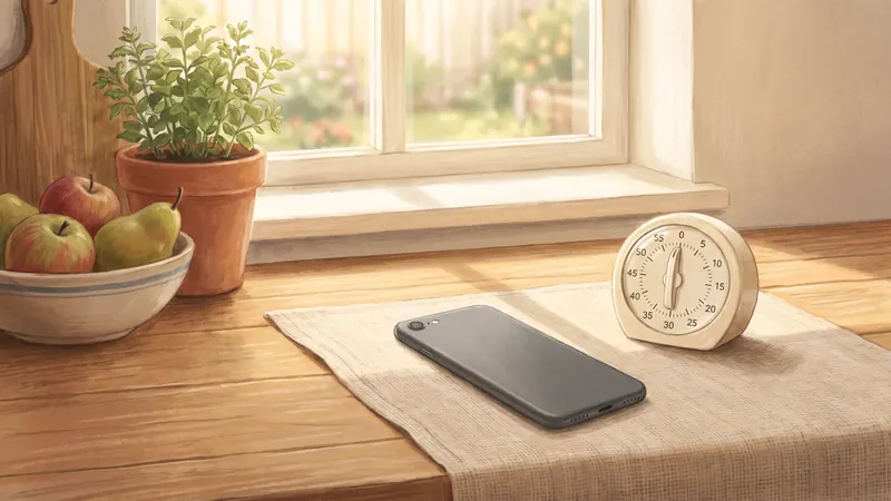 A phone lying face-down on a kitchen counter next to a kitchen timer and a bowl of fruit