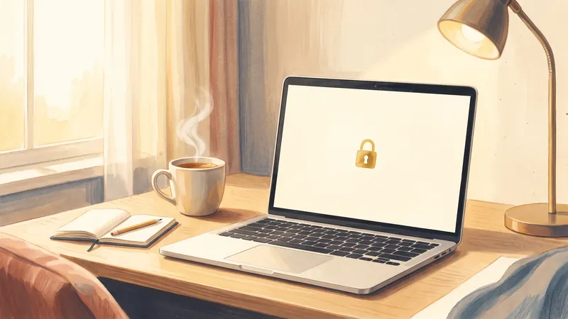 A laptop on a desk showing a blank page with a small gold padlock
