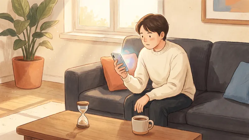 A person on a sofa looking puzzled at their phone, with an hourglass on the table